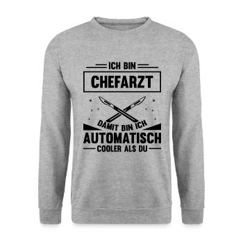 Ich Bin Chefarzt Damit Bin Ich Automatisch Cooler - Unisex Pullover - Weißgrau meliert - Vorne - Alina (178cm) & Michal (187cm)