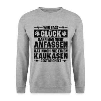 Kaukasischer Owtscharka streicheln Kaukase Spruch - Unisex Pullover - Weißgrau meliert - Vorne - Alina (178cm) & Michal (187cm)