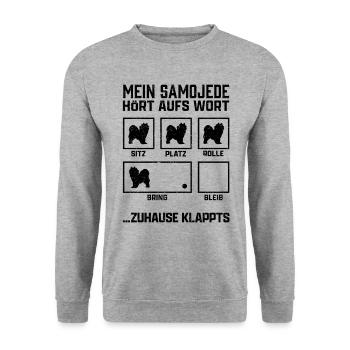 Samojede Hundetricks Schlittenhund Samojedenspitz - Unisex Pullover - Weißgrau meliert - Vorne - Alina (178cm) & Michal (187cm)