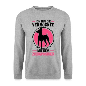 Verrückte mit Zwergpinscher Rehpinscher Pinscher - Unisex Pullover - Weißgrau meliert - Vorne - Alina (178cm) & Michal (187cm)