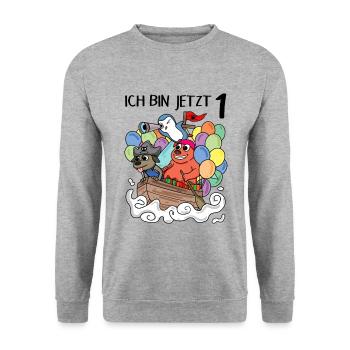 1. Geburtstag - 1 Jahr alt - Ich bin 1 - Unisex Pullover - Weißgrau meliert - Vorne - Alina (178cm) & Michal (187cm)