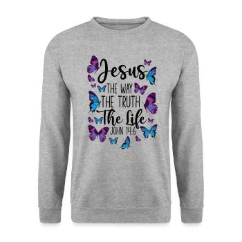 Citation de verset biblique chrétien - Sweat-shirt Unisexe - gris chiné - Devant - Alina (178cm) & Michal (187cm)