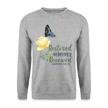 Christian Bible Verse Butterfly - Unisex Pullover - Weißgrau meliert - Vorne - Alina (178cm) & Michal (187cm)