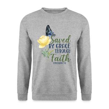 Christian Bible Verse Butterfly - Unisex Pullover - Weißgrau meliert - Vorne - Alina (178cm) & Michal (187cm)