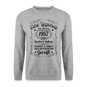 Geburtsjahr 1957 Vintage Geburtstag Legende 1957 - Unisex Pullover - Weißgrau meliert - Vorne - Alina (178cm) & Michal (187cm)