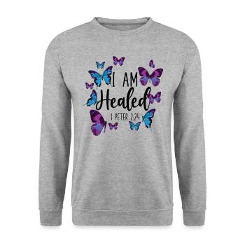 Verset biblique chrétien Butterfly I - Sweat-shirt Unisexe - gris chiné - Devant - Alina (178cm) & Michal (187cm)