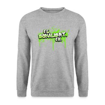 Es eskaliert eh Party feiern Statement Motto Humor - Unisex Pullover - Weißgrau meliert - Vorne - Alina (178cm) & Michal (187cm)