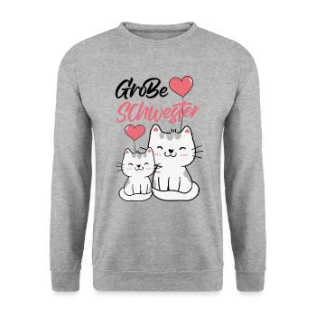 Große Schwester Katze Geschwisterliebe Familie Nac - Unisex Pullover - Weißgrau meliert - Vorne - Alina (178cm) & Michal (187cm)