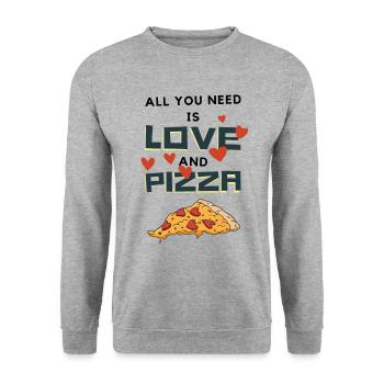 All You Need Is Love And Pizza Lustiger Spruch - Unisex Pullover - Weißgrau meliert - Vorne - Alina (178cm) & Michal (187cm)