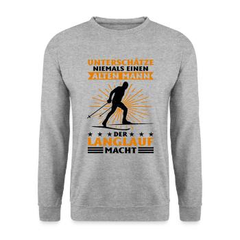 Unterschätze Niemals Einen Alten Mann Der Langlauf - Unisex Pullover - Weißgrau meliert - Vorne - Alina (178cm) & Michal (187cm)