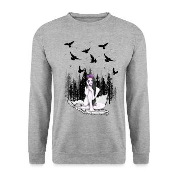 Fantasy Waldbewohner Natur Märchen nackte Vögel - Unisex Pullover - Weißgrau meliert - Vorne - Alina (178cm) & Michal (187cm)