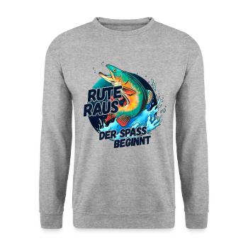 Rute Raus der Spass beginnt Angeln Fischen - Unisex Pullover - Weißgrau meliert - Vorne - Alina (178cm) & Michal (187cm)
