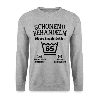 Schonend Behandeln 65. Geburtstag Einzelstück 65 - Unisex Pullover - Weißgrau meliert - Vorne - Alina (178cm) & Michal (187cm)