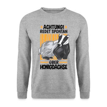 Redet spontan über Honigdachse Marder Dachs - Unisex Pullover - Weißgrau meliert - Vorne - Alina (178cm) & Michal (187cm)
