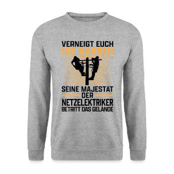 Seine Majestät der Netzelektriker Elektriker - Unisex Pullover - Weißgrau meliert - Vorne - Alina (178cm) & Michal (187cm)