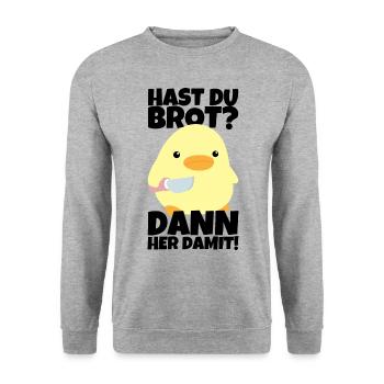 Hast du Brot? Ente mit Messer Meme Lustiger Spruch - Unisex Pullover - Weißgrau meliert - Vorne - Alina (178cm) & Michal (187cm)