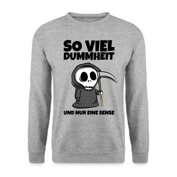 So viel Dummheit und nur eine Sense - Sensenmann - Unisex Pullover - Weißgrau meliert - Vorne - Alina (178cm) & Michal (187cm)