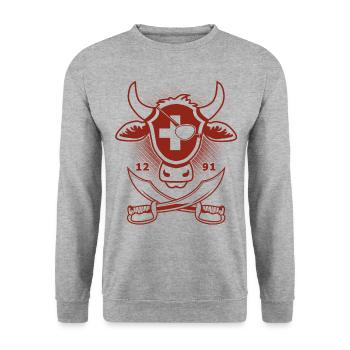 Kuhkopf mit Schweizerkreuz | Piraten Grafik - Unisex Pullover - Weißgrau meliert - Vorne - Alina (178cm) & Michal (187cm)