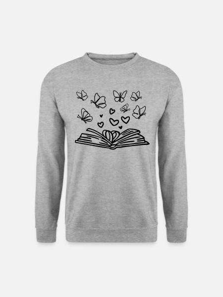 Buch lesen Bücherwurm Buch Herzen Schmetterlinge - Unisex Pullover - Weißgrau meliert