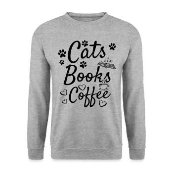 Cats Books Kaffee Bücherwurm Katzenbesitzer - Unisex Pullover - Weißgrau meliert - Vorne - Alina (178cm) & Michal (187cm)