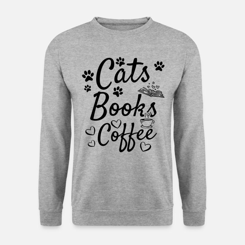 Cats Books Kaffee Bücherwurm Katzenbesitzer - Unisex Pullover - Weißgrau meliert