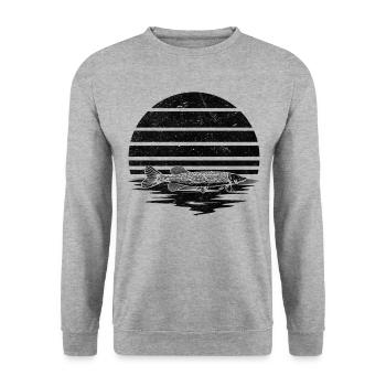Gar Fishing Sonnenuntergang Hornhecht Angeln - Unisex Pullover - Weißgrau meliert - Vorne - Alina (178cm) & Michal (187cm)