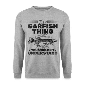 Es ist eine Hornhecht-Sache, die Sie nicht - Unisex Pullover - Weißgrau meliert - Vorne - Alina (178cm) & Michal (187cm)