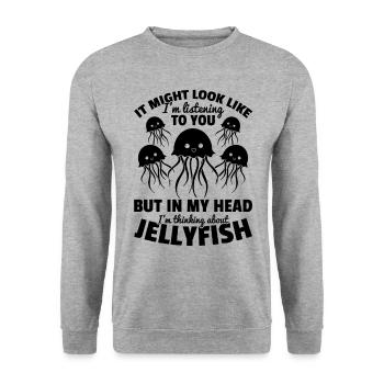 Es könnte so aussehen, als würde ich zuhören, aber - Unisex Pullover - Weißgrau meliert - Vorne - Alina (178cm) & Michal (187cm)