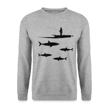Haifisch Fisherman Sharkfishing Great White Shark - Unisex Pullover - Weißgrau meliert - Vorne - Alina (178cm) & Michal (187cm)