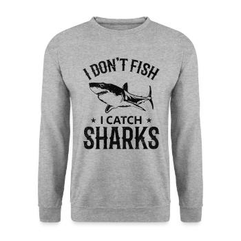Ich fische nicht Ich fange Haie Great White Shark - Unisex Pullover - Weißgrau meliert - Vorne - Alina (178cm) & Michal (187cm)