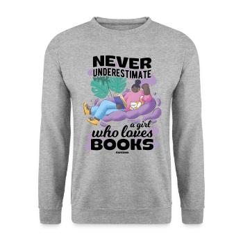 Never Underestimate A Girl Who Loves Books - Unisex Pullover - Weißgrau meliert - Vorne - Alina (178cm) & Michal (187cm)