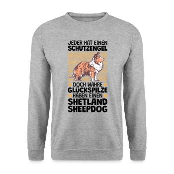 Mein Shetland Sheepdog ist mein Schutzengel - Unisex Pullover - Weißgrau meliert - Vorne - Alina (178cm) & Michal (187cm)