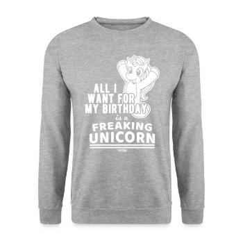 Einhorn zum Geburtstag - Unisex Pullover - Weißgrau meliert - Vorne - Alina (178cm) & Michal (187cm)