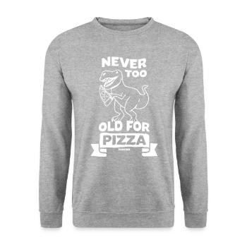 Never Too Old For Pizza Dino T-Rex - Unisex Pullover - Weißgrau meliert - Vorne - Alina (178cm) & Michal (187cm)