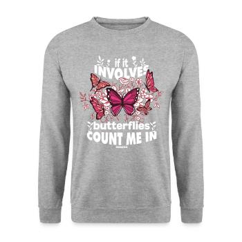 If It Involves Butterflies Count Me In - Unisex Pullover - Weißgrau meliert - Vorne - Alina (178cm) & Michal (187cm)