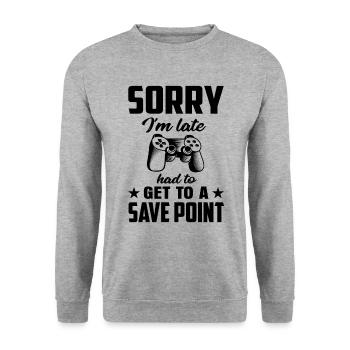 Sorry Im Late Had To Get A Save Point Video Game P - Unisex Pullover - Weißgrau meliert - Vorne - Alina (178cm) & Michal (187cm)