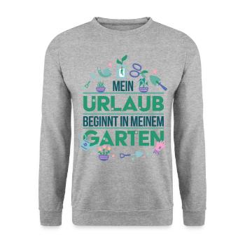Mein Urlaub beginnt in meinem Garten - Unisex Pullover - Weißgrau meliert - Vorne - Alina (178cm) & Michal (187cm)