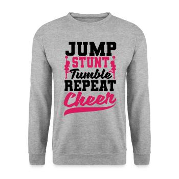 Jump Stunt Tumble Repeat Cheerleading Cheerleader - Unisex Pullover - Weißgrau meliert - Vorne - Alina (178cm) & Michal (187cm)