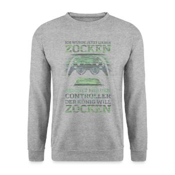 Der König will zocken Gamer Spruch mit Controller - Unisex Pullover - Weißgrau meliert - Vorne - Alina (178cm) & Michal (187cm)