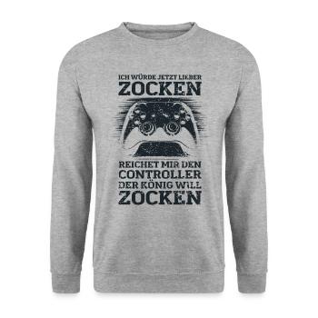 Der König will zocken Gamer Spruch mit Controller - Unisex Pullover - Weißgrau meliert - Vorne - Alina (178cm) & Michal (187cm)