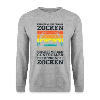 Der König will zocken Gamer Spruch mit Controller - Unisex Pullover - Weißgrau meliert - Vorne - Alina (178cm) & Michal (187cm)