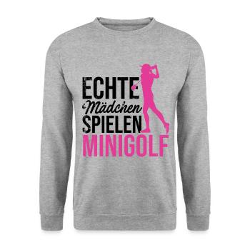 Echte Mädchen Spielen Minigolf Golfspieler Golfen - Unisex Pullover - Weißgrau meliert - Vorne - Alina (178cm) & Michal (187cm)