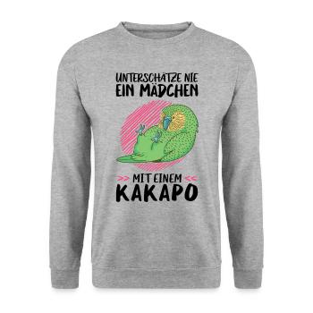 Mädchen mit Kakapo flugunfähiger Papagei - Unisex Pullover - Weißgrau meliert - Vorne - Alina (178cm) & Michal (187cm)
