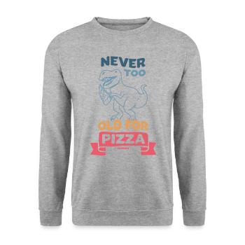 Never Too Old For Pizza Dino T-Rex - Unisex Pullover - Weißgrau meliert - Vorne - Alina (178cm) & Michal (187cm)