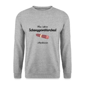 Schmeggewöhlerchen: Ahle Wurscht | Nordhessen - Unisex Pullover - Weißgrau meliert - Vorne - Alina (178cm) & Michal (187cm)