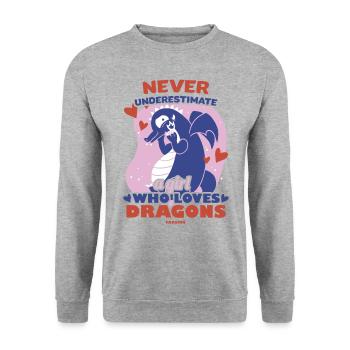 Never Underestimate A Girl Who Loves Dragons - Unisex Pullover - Weißgrau meliert - Vorne - Alina (178cm) & Michal (187cm)