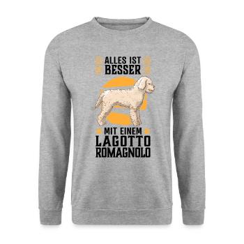 Alles ist besser mit Lagotto Romagnolo Wasserhund - Unisex Pullover - Weißgrau meliert - Vorne - Alina (178cm) & Michal (187cm)