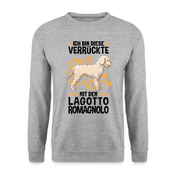 Verrückte mit dem Lagotto Romagnolo Wasserhund - Unisex Pullover - Weißgrau meliert - Vorne - Alina (178cm) & Michal (187cm)