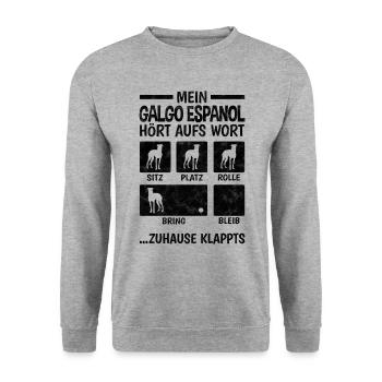 Galgo Espanol Hundetricks Spanien Windhund - Unisex Pullover - Weißgrau meliert - Vorne - Alina (178cm) & Michal (187cm)
