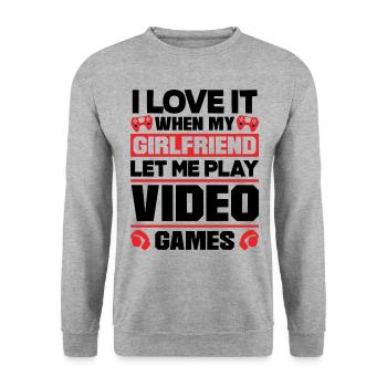 I Love It When My Girlfriend Let Me Play Video Gam - Unisex Pullover - Weißgrau meliert - Vorne - Alina (178cm) & Michal (187cm)